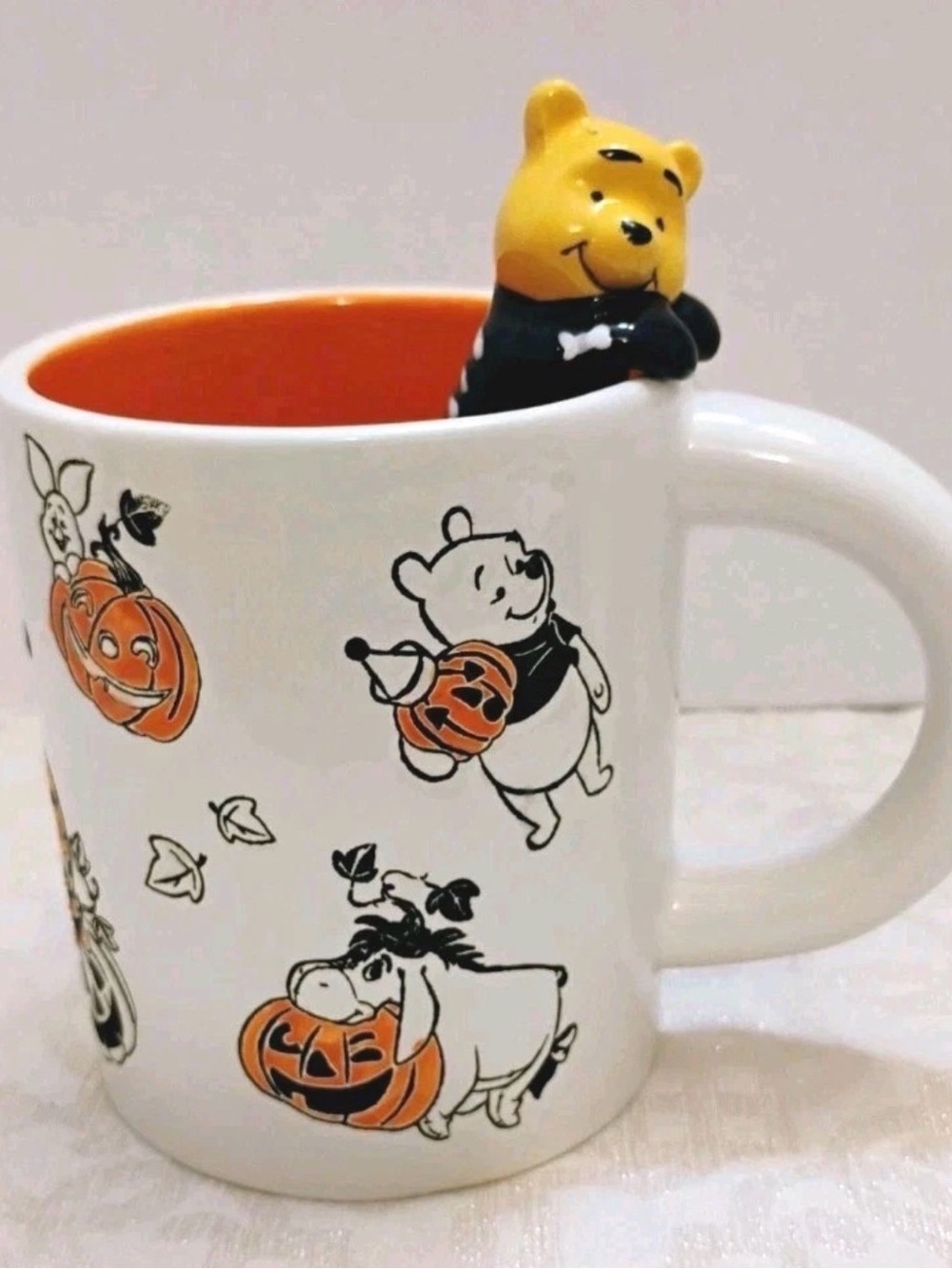 Disney White & Orange Winnie the Pooh Halloween Ceramic Mug with Pooh Topper